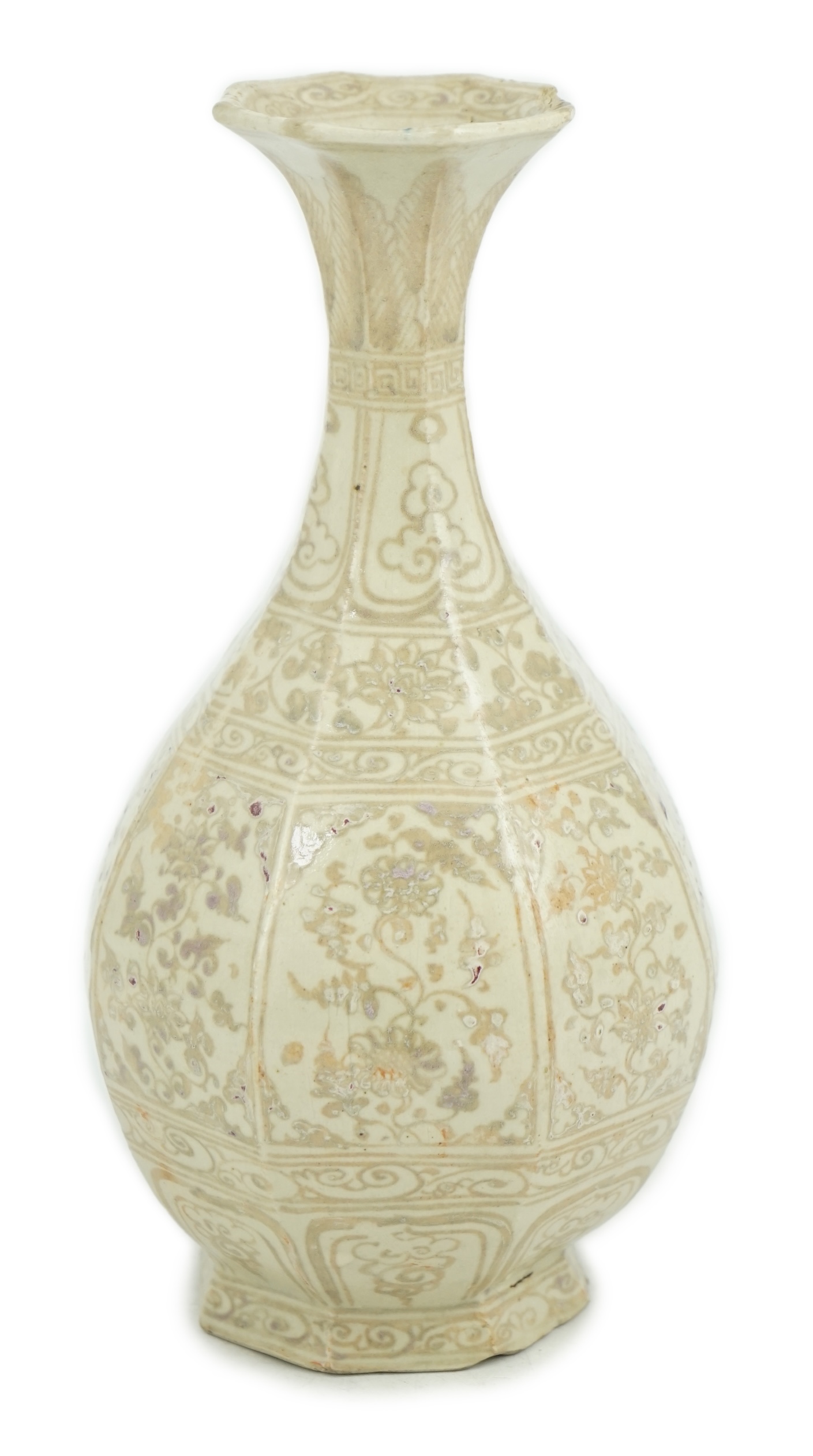 A Chinese underglaze copper red octagonal bottle vase, yuhuchunping, possibly Yuan or Hongwu period, Ming dynasty